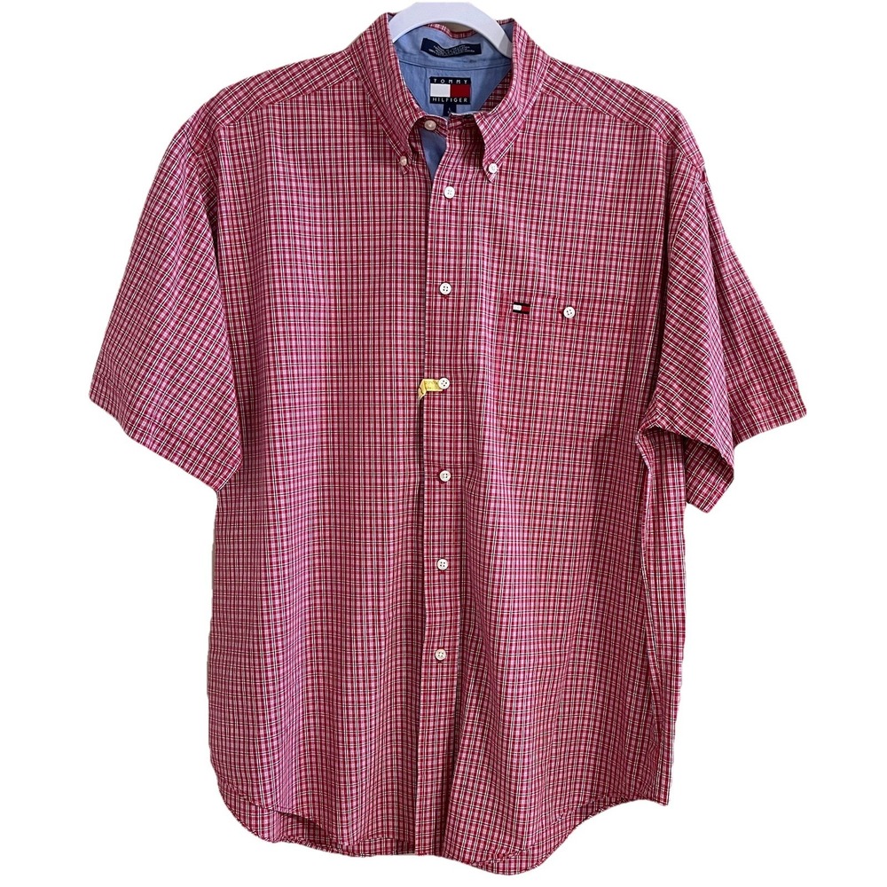 VTG 90s Tommy Hilfiger Short Sleeve Button Down Shirt Classic Pin Check‎ Preppy